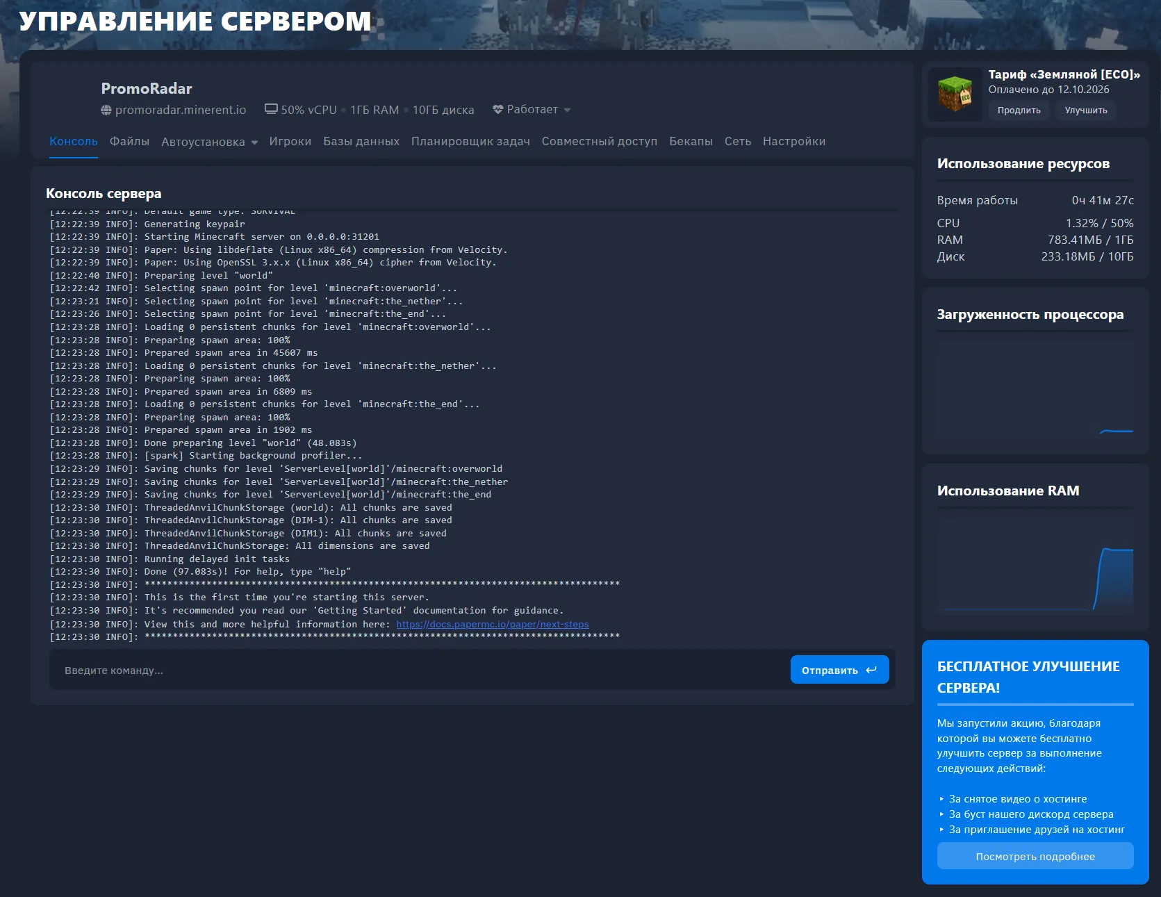 Консоль управления MineRENT: лог сервера в реальном времени
