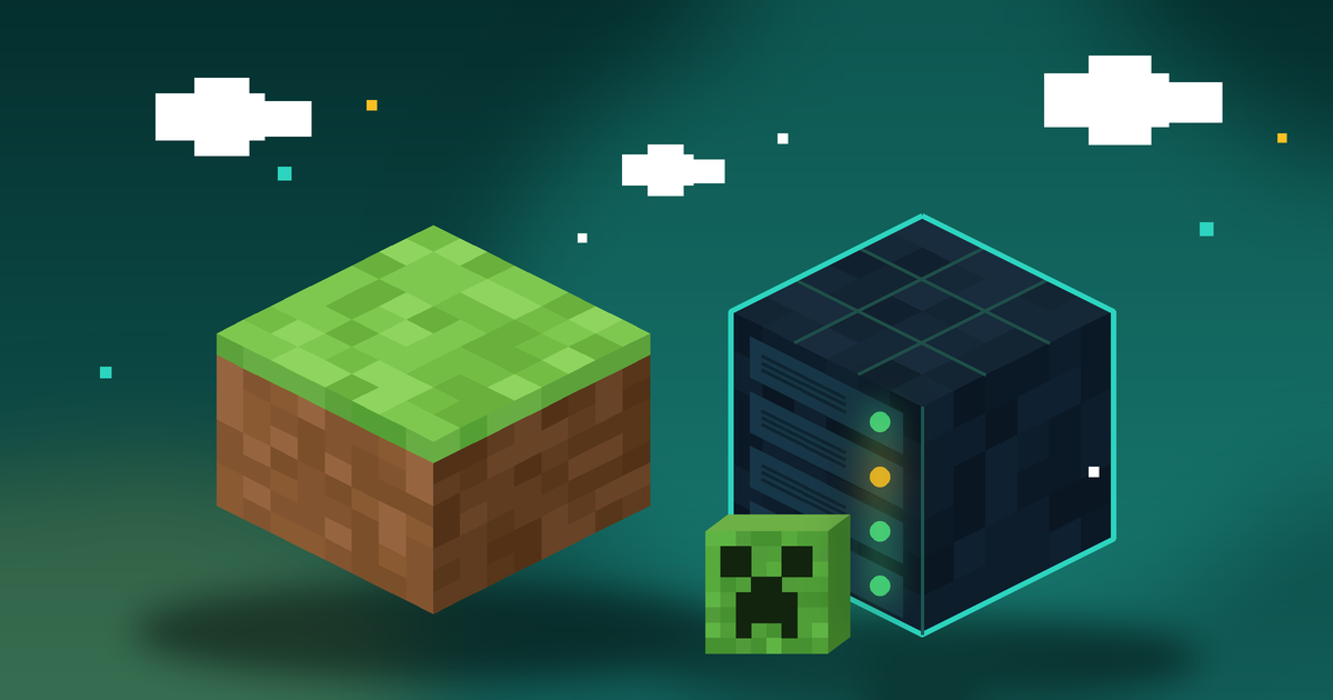 Блок травы Minecraft и серверный блок с индикаторами в дата-центре